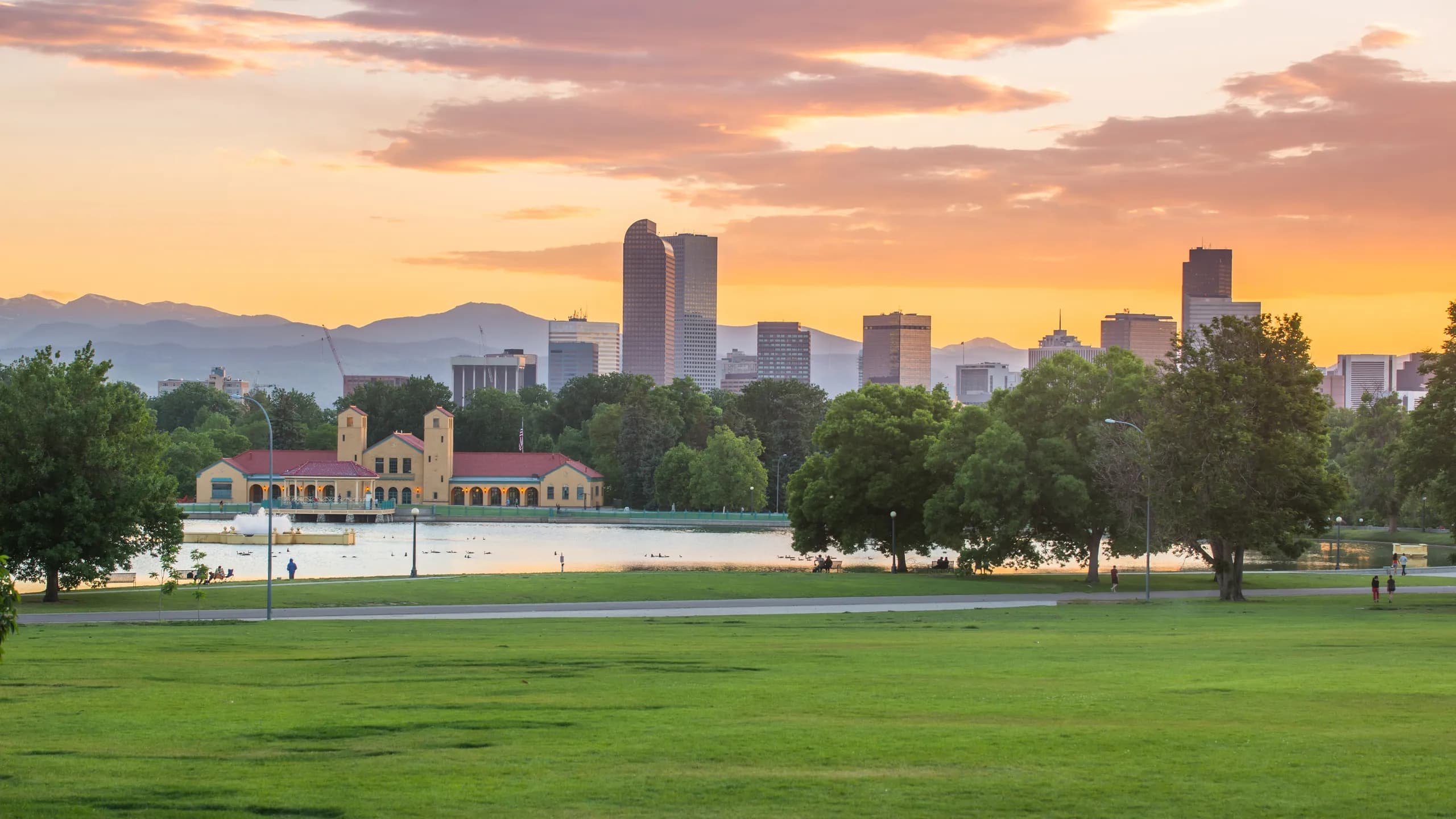 City Park and the Denver skyline glowing at sunset