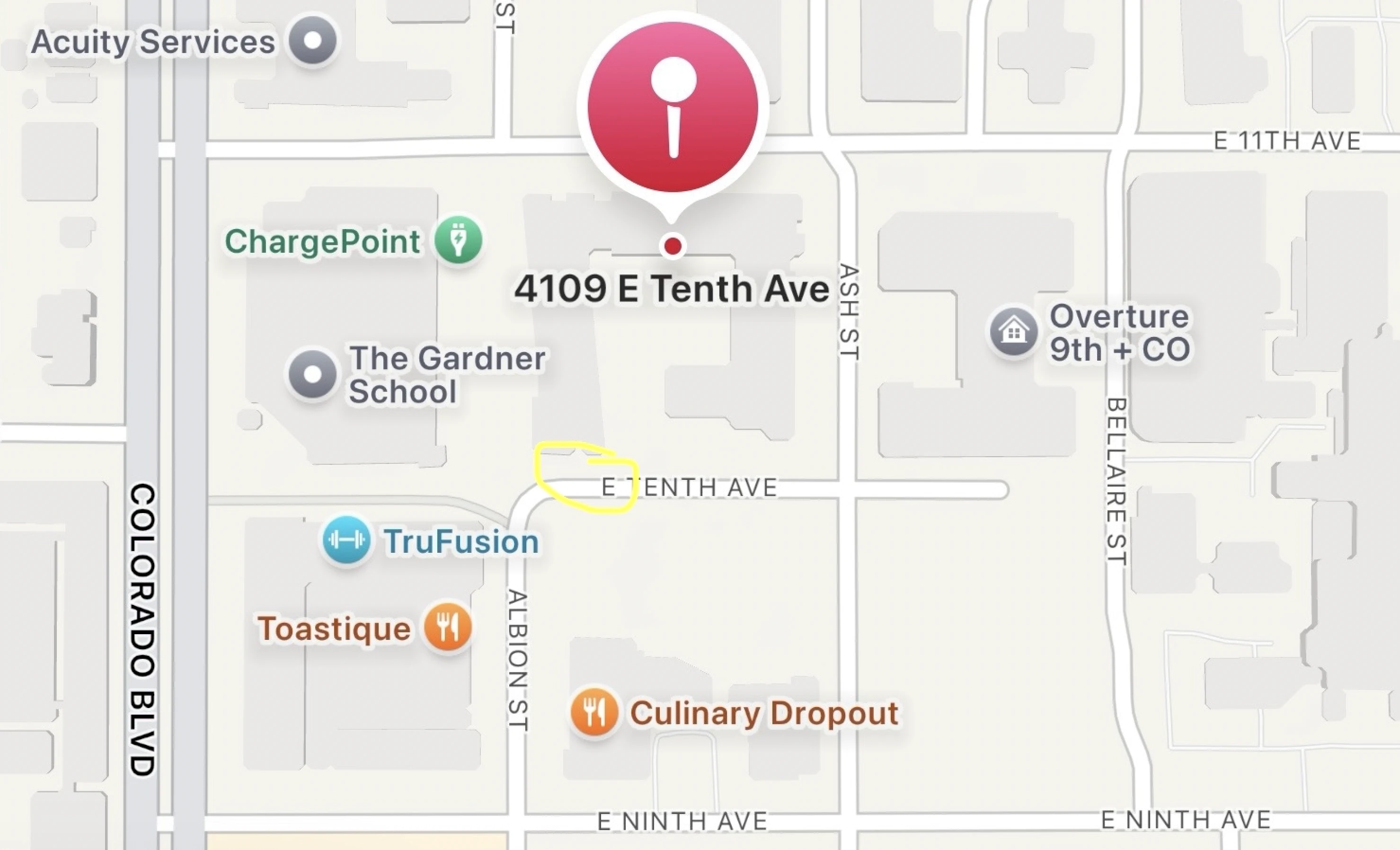 Map showing the correct front entrance on East 10th Avenue where the road bends