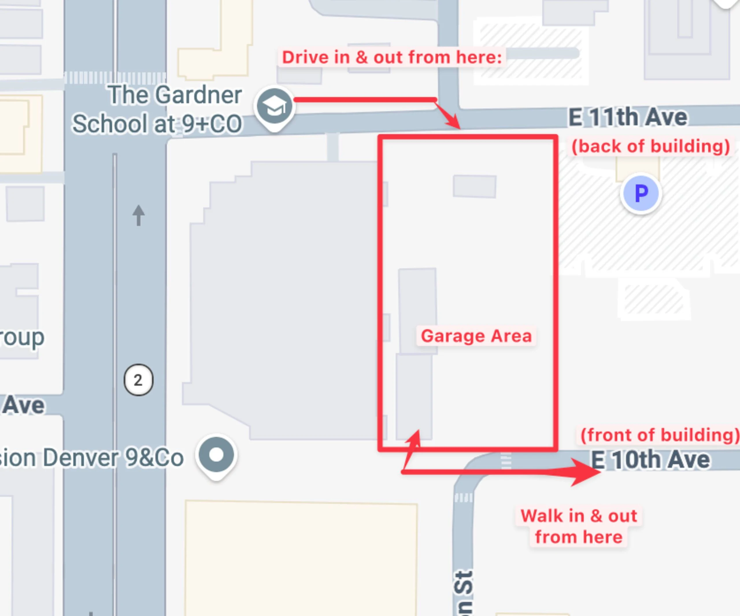 Map showing the garage vehicle entrance on East 11th Avenue and the walking entrance on East 10th Avenue